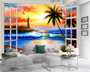 3d Modern Landscape Wallpaper Window Gorgeous Sunset Glowing Beautiful Sea View Romantic Scenery Decorative Silk 3d Mural Wallpaper