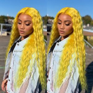 Moda partisi ünlü stil sarı renkli peruk Brezilyalı su Dalga Şeffaf Dantel Ön sentetik dantel siyah kadınlar için% 150 Yoğunluk Peruk