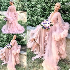 2020 Rosa Kvinnors Robe Kimono Gravid Party Night Sleepwear V Neck Långärmad Kvinnor Badrock Sheer Nightgown Prom Bridesmaid Shawel