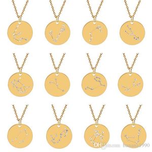 Stainless Steel Crystal Coin Zodiac Sign Necklace Pendant Necklaces Jewelry diamond Studded Bring You Luck Nickle Free