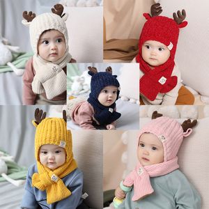 Weihnachten Baby Strickmütze Kind Milu Deer Horn Hut hinzufügen Wollschal 2 Stück Kinder Outdoor Candy Farbe Winter warme Schal Mütze