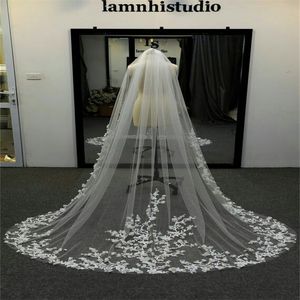 Real imagem Cristais Best Selling Wedding Veils Feito à Mão Flor Longo Véus Lace Applique Duas Camadas Catedral Length baratos véu de noiva