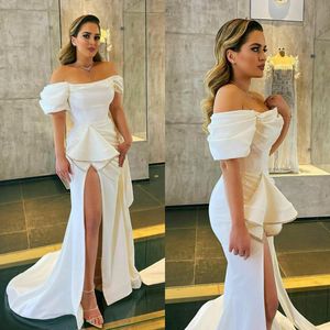 Setwell Off The Shoulder Mermaid Evening Dresses Short Sleeves High Split Floor Length Prom Party Gowns