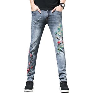 2020 New Men's Blue Stretch Jeans Mens Embroidered Red-crowned Crane Slim Trendy Jeans European and American Straight Denim Trouers