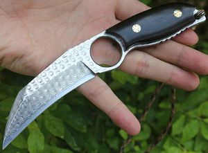 High End Damascus Karambit Claw Knife VG10 Damascus Steel Blade Full Tang Ebony Handle Outdoor Tactical Knives With Leather Sheath