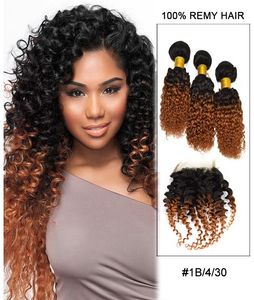 Unprocessed 1b/30 cuticle aligned kinky curly hair brazilian weave bundles with 4*4 closure for sale