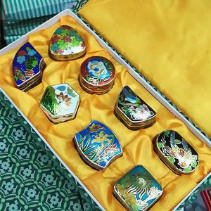 Partihandel Kinesiska Old Peking Cloisonne Smycken Box Box Koppar Däck Emal 1 Set 8st