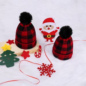 2PC set Mother Baby Beanie Winter Knitted Hats Red Black Grid Parent-child Hat Black Fur Ball On Top Keep Warm XMS Hats