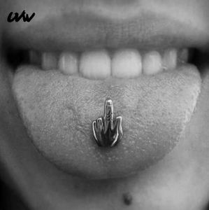 1pc 316l Surgical Steel Middle Finger Gesture Tongue Barbell Stud Piercing Rings Body Jewelry Punk UVW004