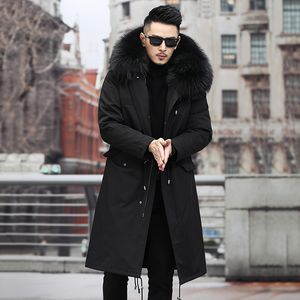 Casacos de pele preta com capuz, jaqueta de inverno masculina, parkas, corta-ventos de pele de raposa real, quente, grosso, sobretudo, plus size, roupas masculinas