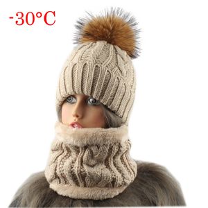 2020 damski kapelusz z szalikiem ciepłego polaru wewnątrz beanie dziewczyny zimowe czapka dla kobiet prawdziwe futro norek pompom kapelusz kobiet dzianiny czapki lj200915