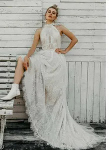 Abito da sposa in pizzo tulle plissettato 2020 collo alto Boho Vestido De Noiva nuovi abiti da sposa chic da spiaggia di design