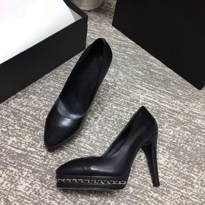 Nova moda escritório senhora sapatos de trabalho mulheres bombas dedo do pé redondo clássico cor preta original couro genuíno corrente de salto alto feminino sapatos de vestido de negócios 41