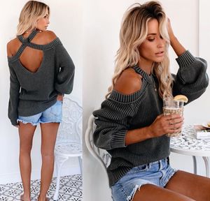 Jesień Crossover Sexy Bandaż Off Ramię Dzianiny Sweter Kobiety Jumper Hollow Out Halter Fashion Solid Women Sweter