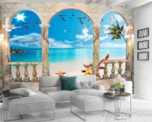 3D papel de parede para sala de estar Papel de parede europeu arco de mármore com bela vista para o mar paisagem romântica decorativa seda papel de parede