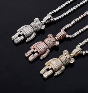 14K Gold Plated Cartoon Doll Bear Pendant Necklace Micro Pave Cubic Zirconia Simulated Diamonds with 24inch Gifts Tennis Chain