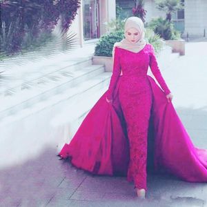 2020 Ayrılabilir Tren Müslüman Abiye Mermaid vestido de novia Uzun Kollu Dantel payetli Balo Abiye Ünlü Giydirme