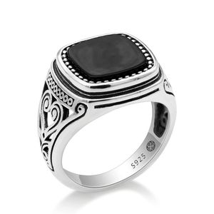 925 Sterling Silver Men Ring with Suqare Natural Stone Carved Design Thai Silver Ring for Women Men Turkish Jewelry