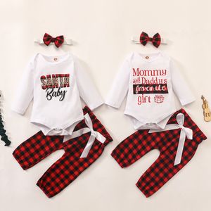 Baby Wear Clothing Set Long Sleeve Romper Grid Pants Headband 3 pcs Fashion Infants Girl Christmas Santa Baby Outfits Clothes