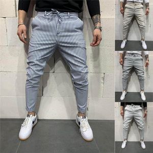 Mens Striped Lace Up Casual Trousers Ny Slim Fit Casual Pencil Byxor Man Designer Byxor