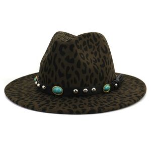 Unisex mode europeisk stil kvinna ull fedora hattar med turkos läder band bred brim leopard print jazz filt hatt
