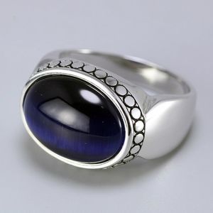 Real Pure 925 Silver Jewelry Blue Tiger Eyes Band Rings For Men And Women Oval Shape Natural Stone Simple Design Turkey