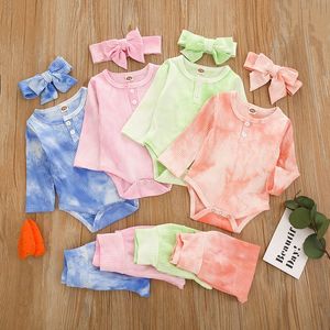 Baby Jungen Mädchen Tie Dye Kleidung Sets Langarm Strampler + Hosen + Stirnbänder 3 Teile/satz Boutique Kleinkinder Pit Gestrickte Outfits M2783