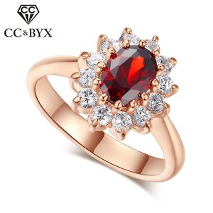 Smycken Princess Diana Ringar för Kvinnor Lyx Rose Guldfärg Röd CZ Stone Party Engagement Bijoux Bridal Wedding Ring