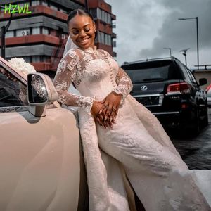 2021 Africano Nigéria Sereia vestidos de casamento Trem Com destacável alta Neck Lace manga comprida Vestidos de casamento Plus Size Vestidos