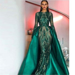 2021 Árabe Dubai Sereia vestidos de noite formal com trem destacável apliques glitter lantejoulas mulheres elegantes mangas compridas vestes