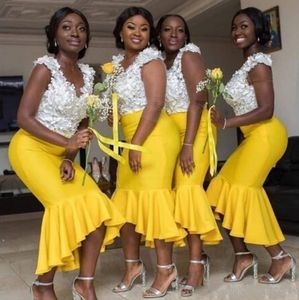 Żółta koronkowa afrykańska aplikacja na syrenę w rozmiarze sukienki druhna V V szyja Dapped of Honor sukienka ślubna sukienki szaty de