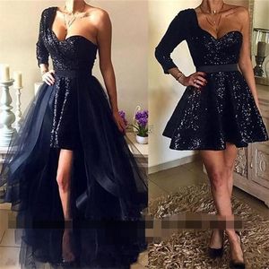 Wysoka Niska Czarna Cekinowa Wysoka Niska Suknie Wieczorowa Prom Dresses Festido De Festa Formalna Suknia Cekines One Ramię Dwa kawałki Party Suknia