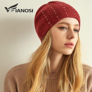 VIANOSI Cappello delle lane di inverno Beanie Cap Donna Solid calda lavorata a maglia rossa di marca cachemire Gorro Caps molle del cofano per le signore