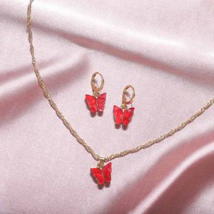 Brincos de colar de borboleta novos Conjunto de j￳ias de joias de ouro acr￭lico colares de borboleta de borboleta an￩is de orelha j￳ias de moda feminina e arenosa