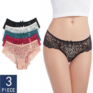 Elovegirl 3 PCS.breatry Bawełna Niska Talia Figi Sexy Koronki Krótkie Kobiety Figi Przezroczyste Bielizna Panie Hollow Out Panty