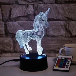 Luce notturna 3D USB Touch Telecomando colorato Unicorno cavallo Medusa Ruota panoramica 3D Illusion LED Pannello luminoso acrilico Lampada LED RGB