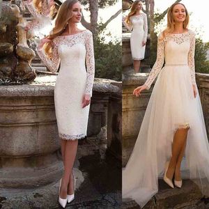 2021 A Abiti da sposa in pizzo Abiti da sposa Abiti da sposa con treno staccabile Alta bassa maniche lunghe Big Bow Bride Dress Breve anteriore