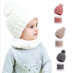 Kid's Knitted Cap Neck Gaiter Set Solid Lovely Handwear Hat Sets Crochet Ski Outdoor Caps Suits Winter Knitted Wool Beanie Hats LSK1227