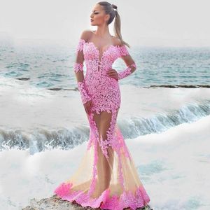 Sexy Off Ramska Różowa Koronka Syrenka Prom Dresses V Neck Illusion Illusion Pełne Rękawy Plaża Mariage Sukienka Zaręczyna Długie Formalne Wieczorowe Suknie Party
