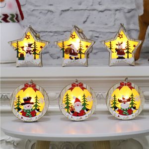 Christmas Wooden Ornament Wooden Pentagram Luminous Santa Snowman Deer Pendant Merry Christmas Wooden Decoration with Light