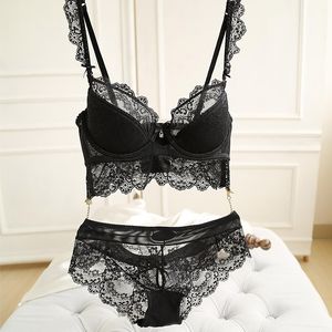 Novo design feminino sexy gaze renda bordado alça espaguete bustier colete e shorts calcinha twinset perspectiva sexy underw316b