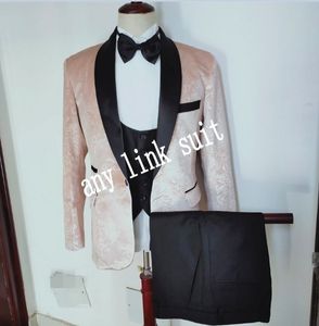 Side Vent One Button Beige Pattern Groom Tuxedos Shawl Lapel Groomsmen Mens Suits Wedding/Prom/Dinner Blazer (Jacket+Pants+Vest+Tie) K539