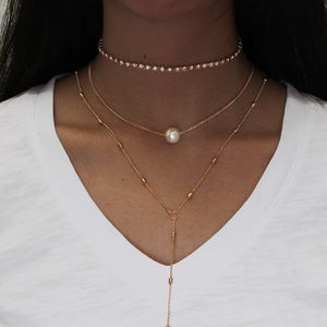 Clavicle suit crystal pendant three-layer pearl women's necklace