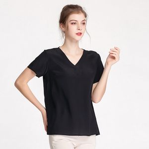 Kadın Gömlek V Boyun Kısa Kollu 100% Ipek Krep De Chine Gevşek Tops Boyutu L XL XXL XXXL