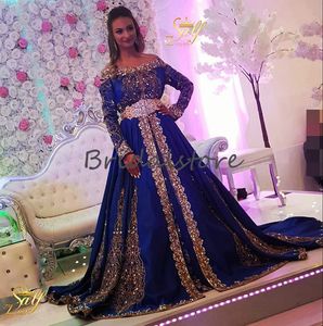 Funkelnde blaue muslimische Abendkleider 2020 Langarm A-Linie Pailletten-Abschlussballkleid Elegante Dubai-arabische Abendkleider Plus Size-Kaftan Abaya