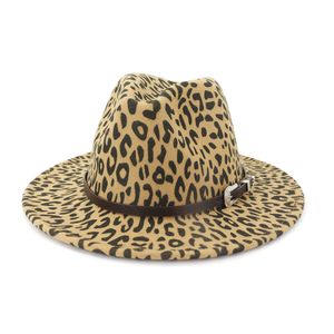 British LeopardプリントウールフェルトジャズFedora Hatsベルトバックルメンズ女性ワイドブリムTrilby Panama Partyフォーマルトップハット