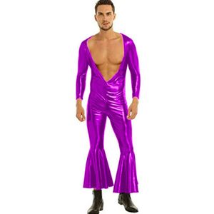 18 Colors Men Shiny Faux Leather Catsuit Deep V-neck Long Sleeve Bodysuit Sexy Flared Jumpsuit Carnival Clown Cosplay Costume