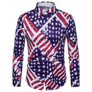 남자 캐주얼 셔츠 파티 활동을위한 긴 소매 미국 국기 디자인 디지털 인쇄 별과 줄무늬가 칼라 느슨한 블라우스 3XL 다운