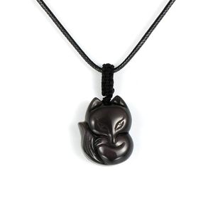Women Men Natural Obsidian Pendant Necklace Handmade Carved Gem Stone Animal Adjustable Rope Reiki Lucky Amulet Jewelry