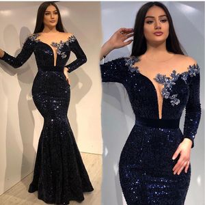 Sparkly Navy Blue Cekiny Syrenki Suknie Wieczorowe Pełna Rękaw Robe De Soiree Glitter Long Trumpet Prom Party Dress Moda Kobiety Formalna Suknia